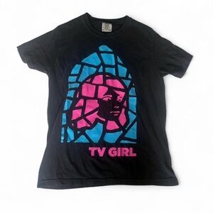 ⋆｡°✩ || small black unisex tv girl stained glass pink and blue grunge indie tee